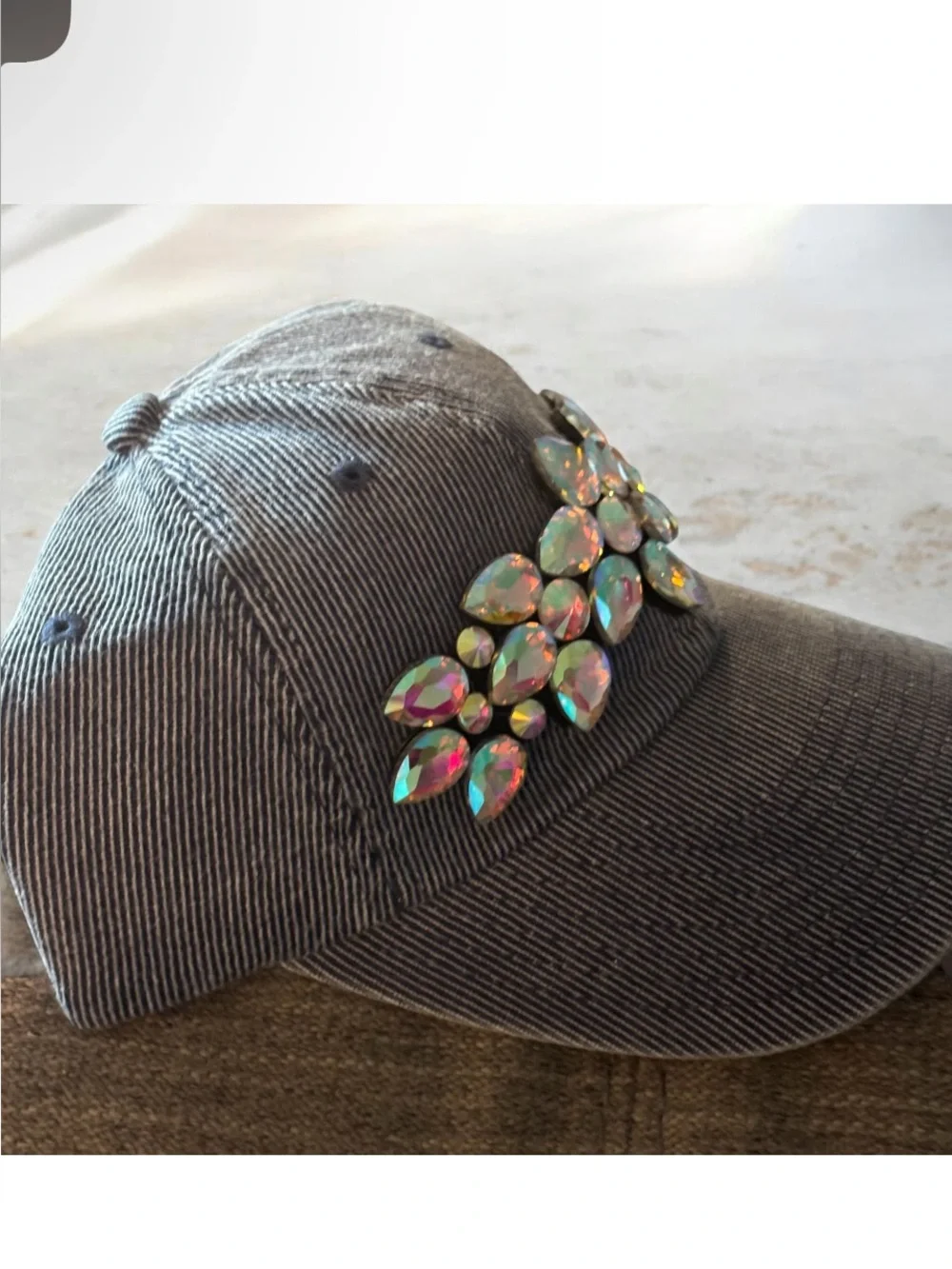Ribbed Denim Baseball Cap with AB Crystal Embellishment